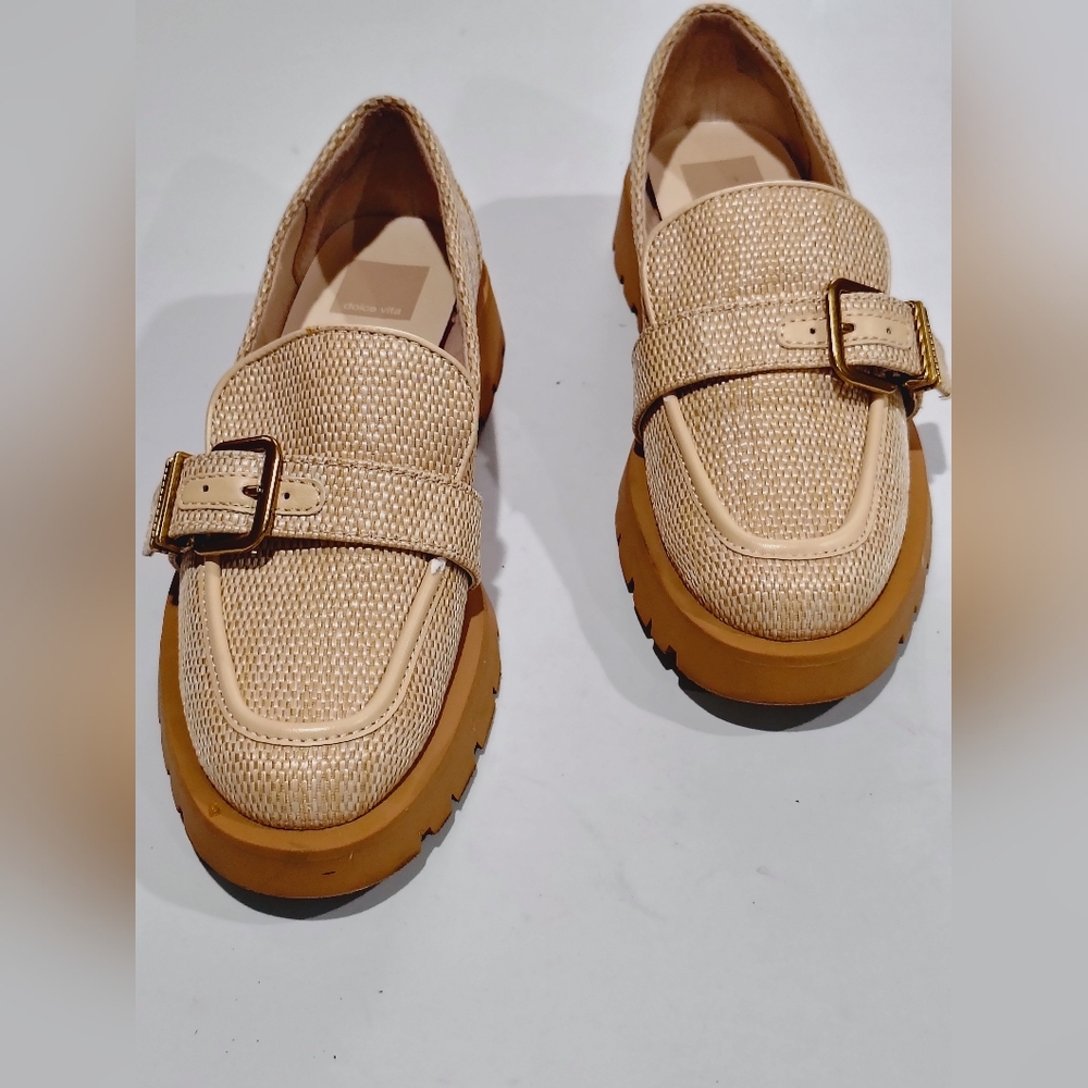 Dolce Vita Erika Honey Beige Raffia Buckle Loafers Size 8